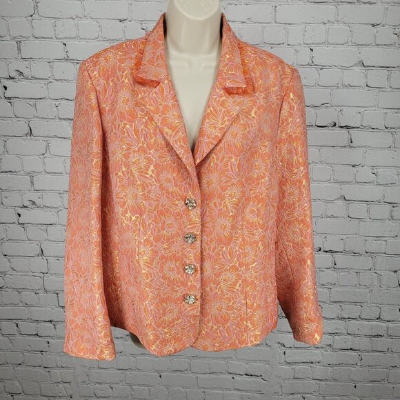 ECI New York Orange Floral 100% Silk Lined Rhinestone Snap Notch Jacket Size 14 - Picture 1 of 16